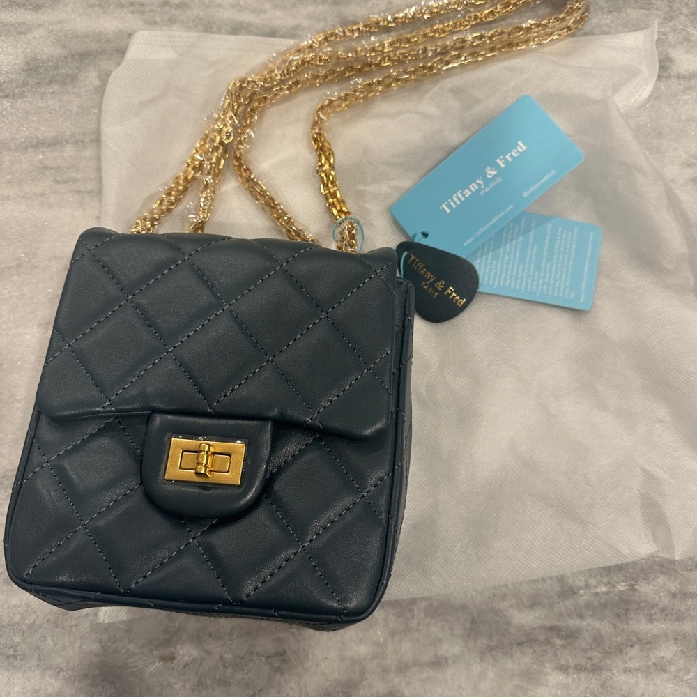 Tiffany & Fred Blue  Quilted Mini Bag with Gold Chain